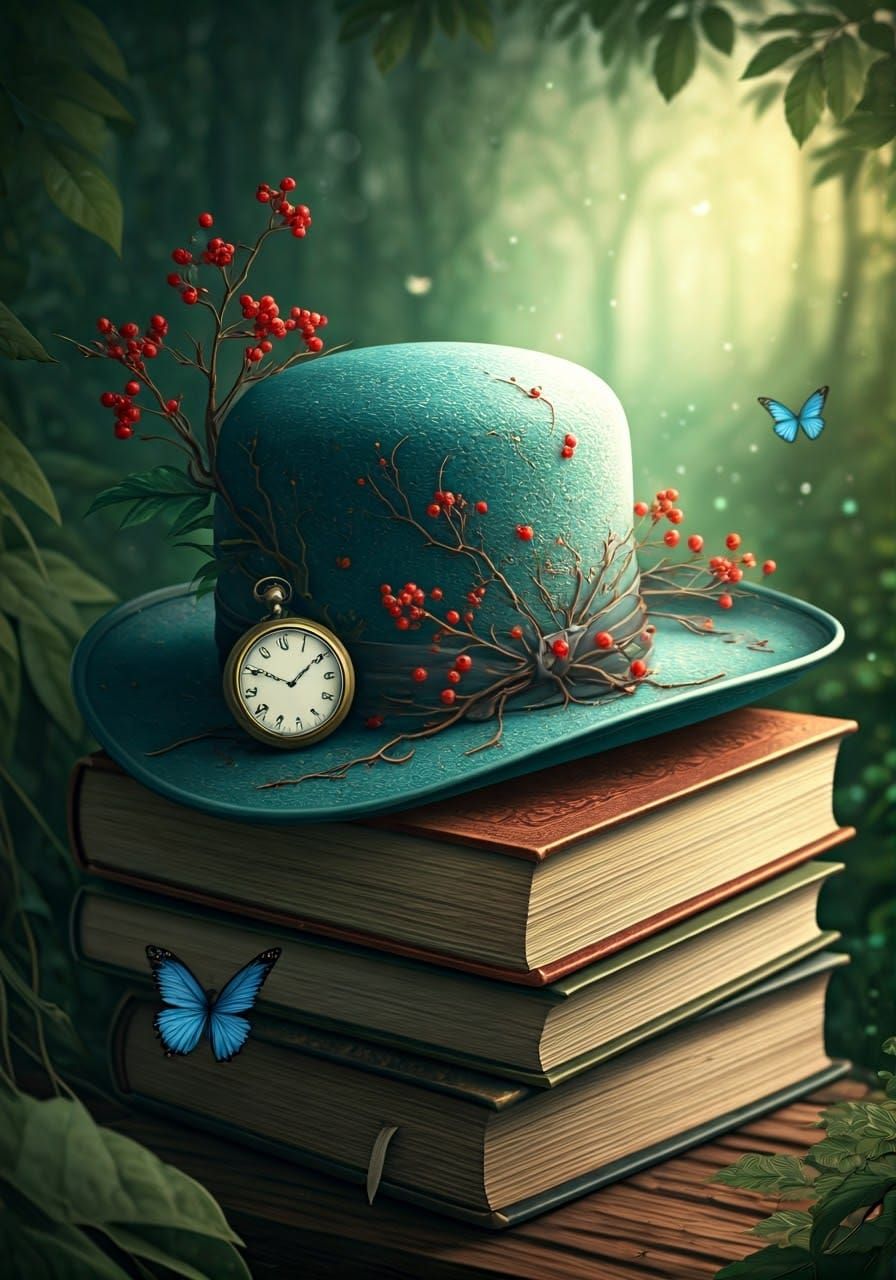 Hat and Books in Dreamlike Forest Illustration