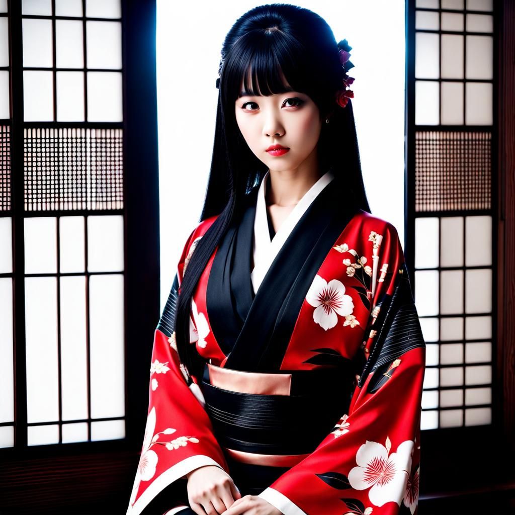 Japanese girl in kimono, black red, long black hair, pretty clothes, modern, stunning features, stunn...