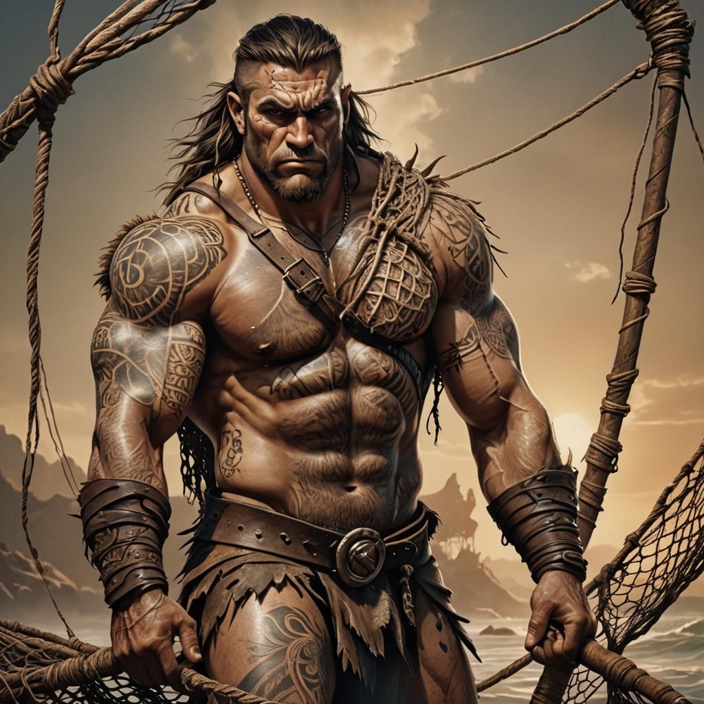 Barbarian with Fishing Net Tattoo Art
