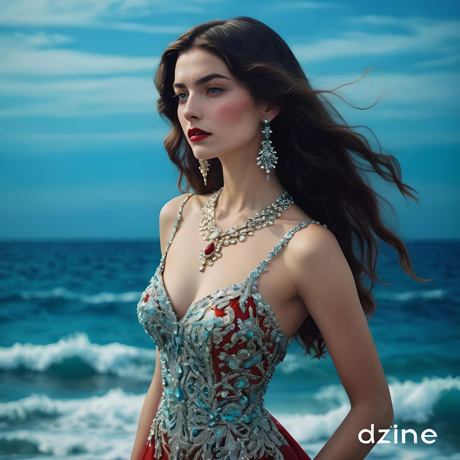 Surreal Woman in Red Dress with Vivid Colors