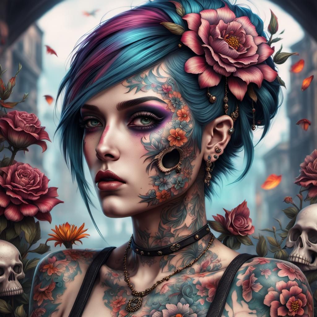 Punk Girl with Neo-Traditional Tattoos