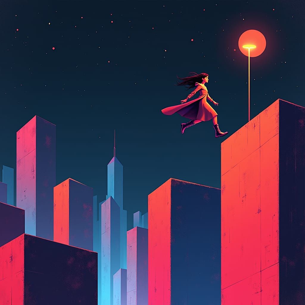 Neon Cityscape: Soaring Figure in Abstract Architecture