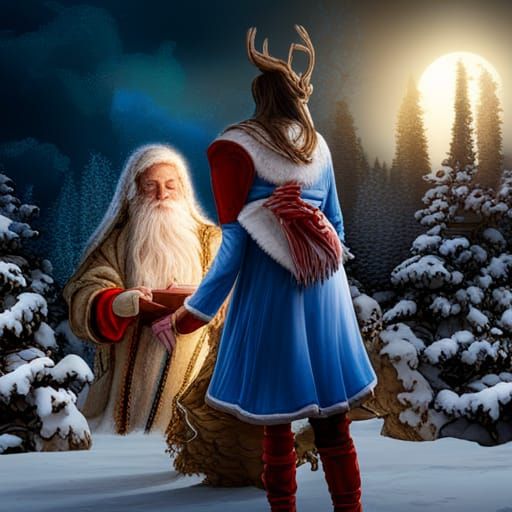 Pagan Santa Claus in Blue Suit with Woodland Creatures