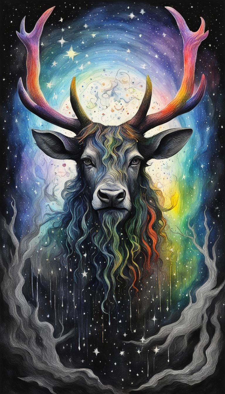Horned God with Antlers in Rainy Starry Night