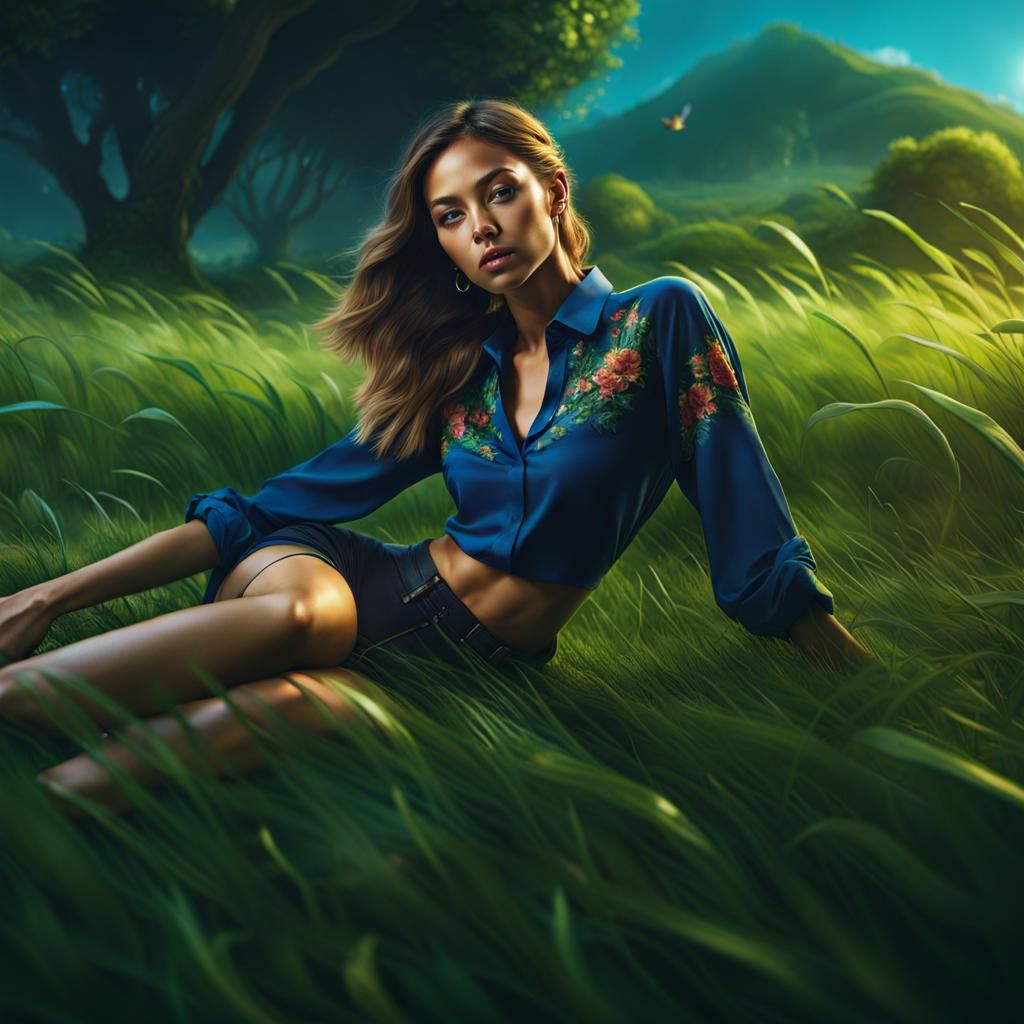 Woman Relaxing in Grass: Detailed Matte Painting