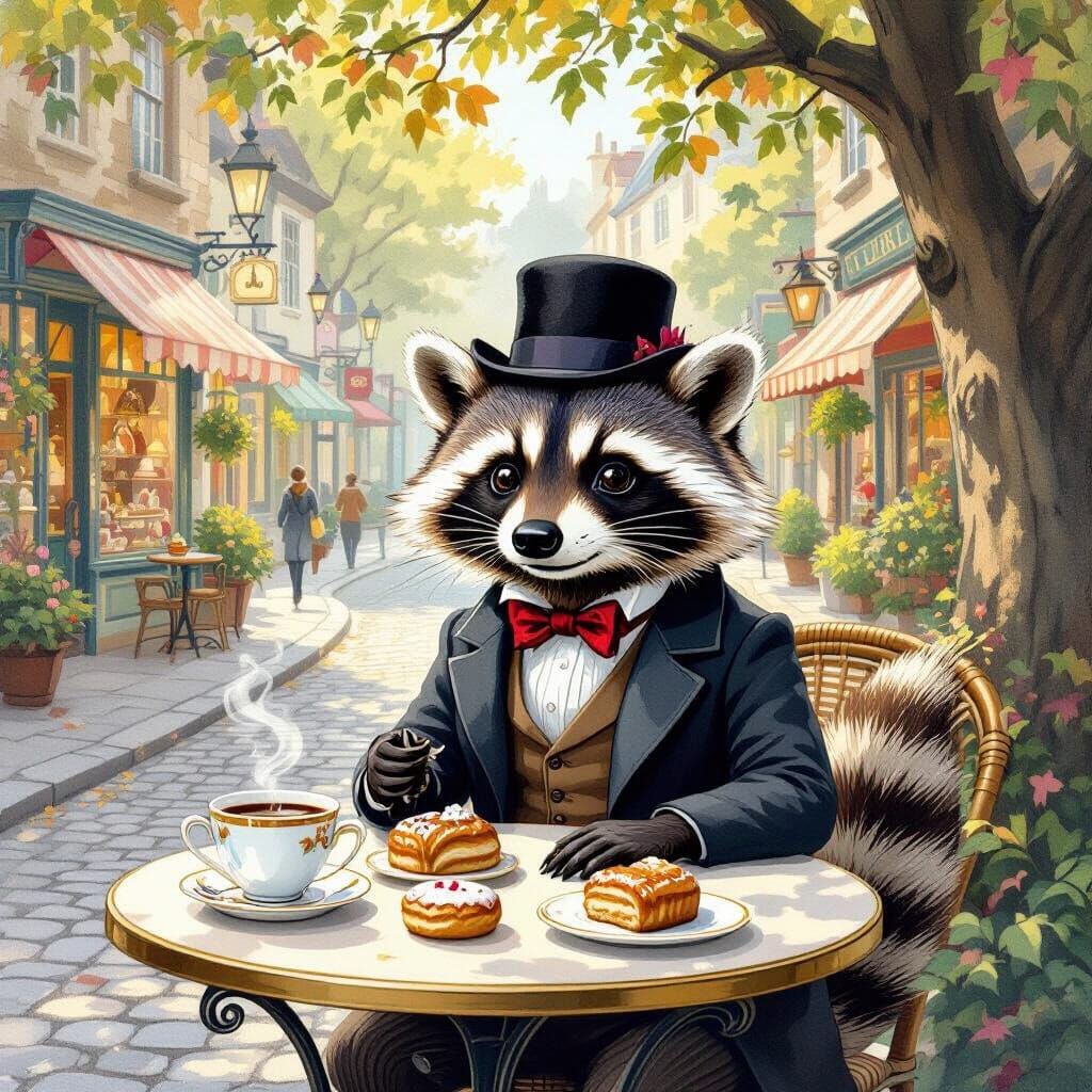Raccoon in Bowler Hat Enjoys Pastries at Cafe