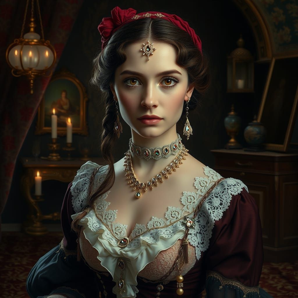 Elegant Woman in Opulent Chamber, Realism Style