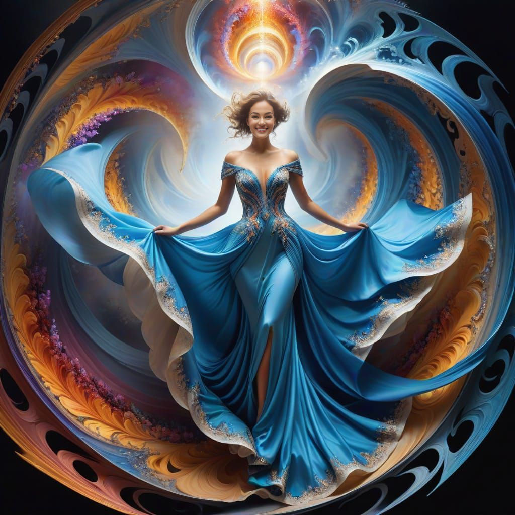 Radiant Woman Emerges from Vortex in Gown