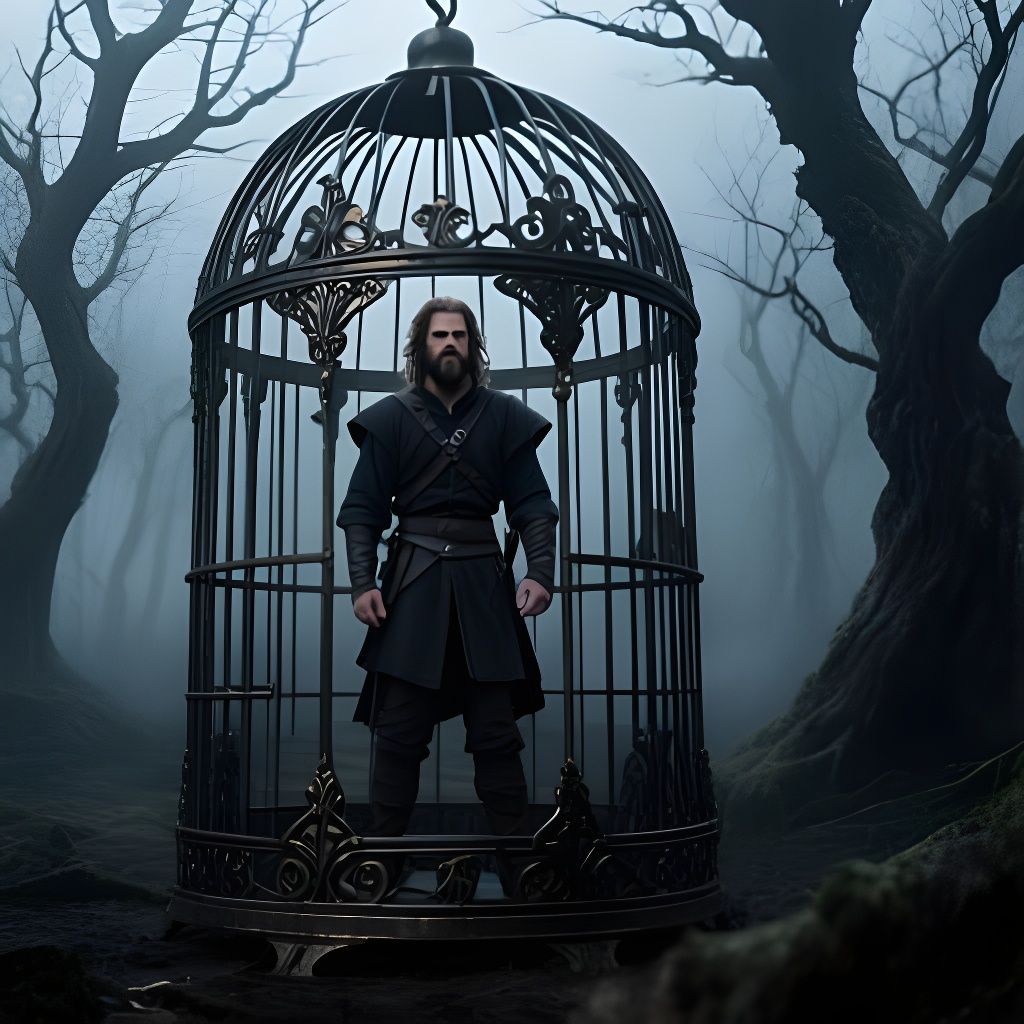 Aragorn Trapped in Ornate Birdcage in Misty Forest