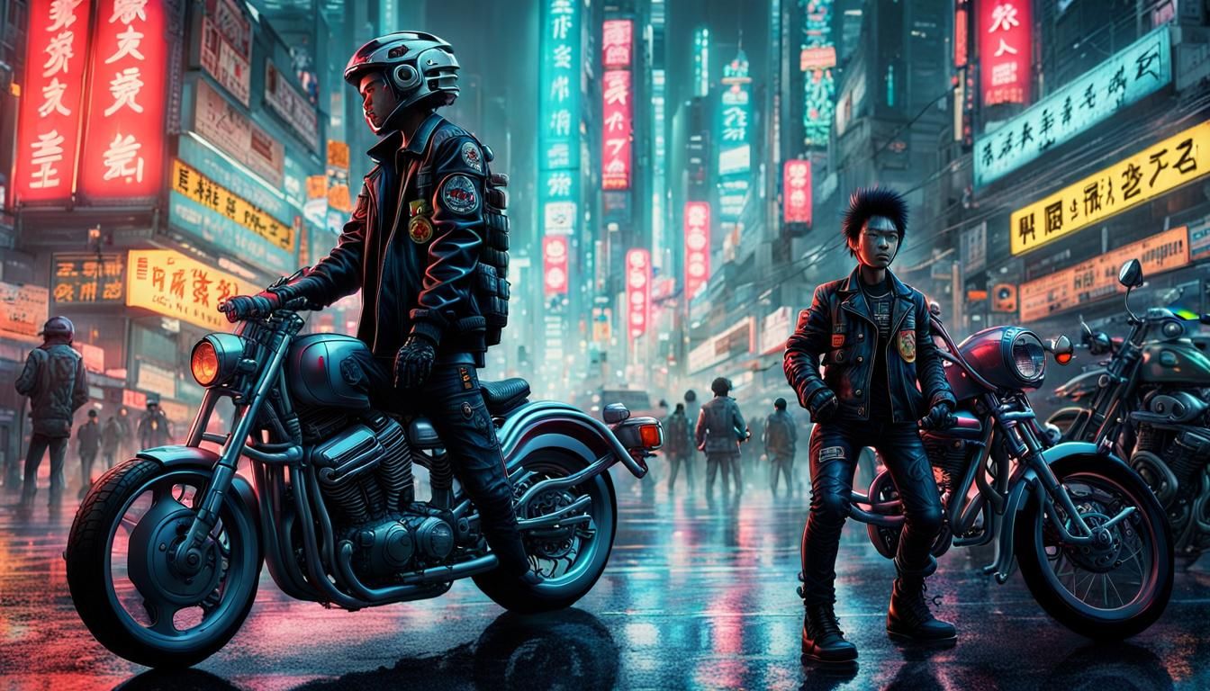 Dystopian Cyberpunk Biker in Neonpunk Style