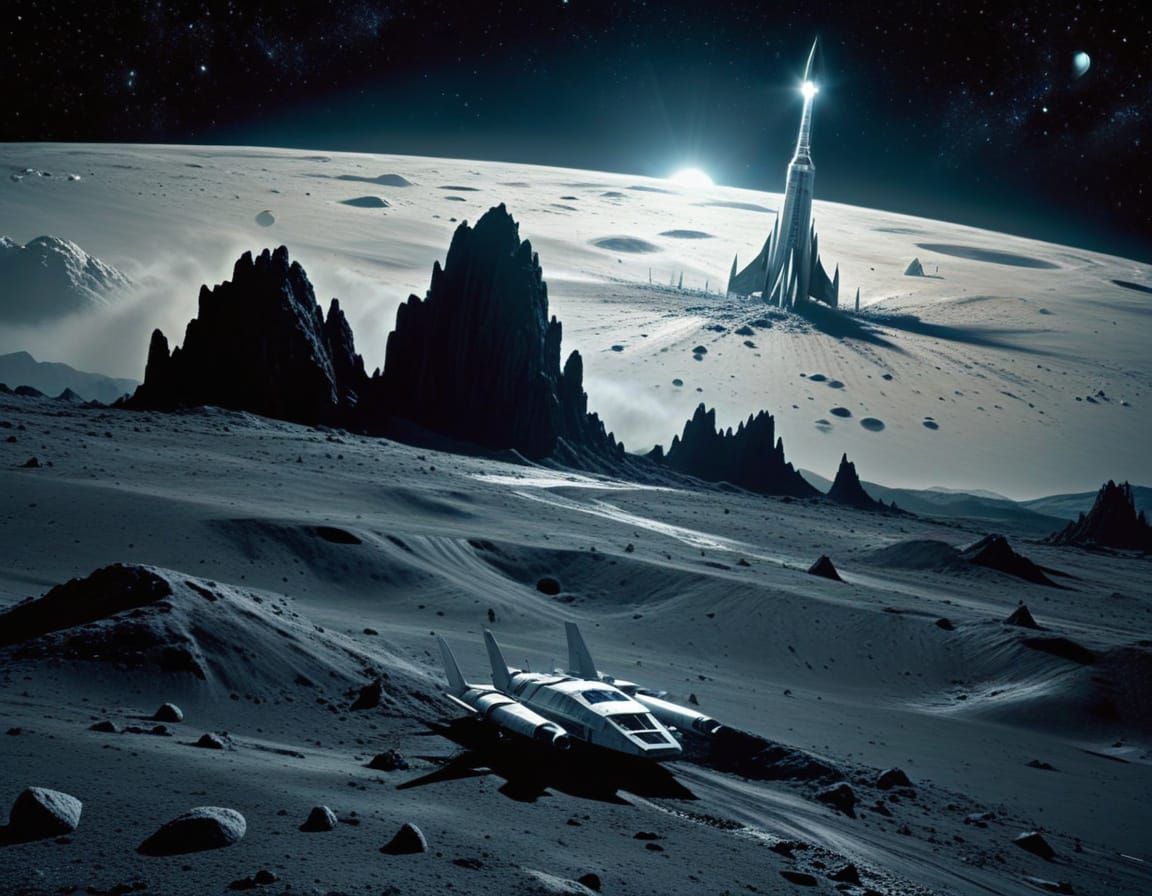 Retro Rocket Lands on Moon, Classic Sci-Fi Art