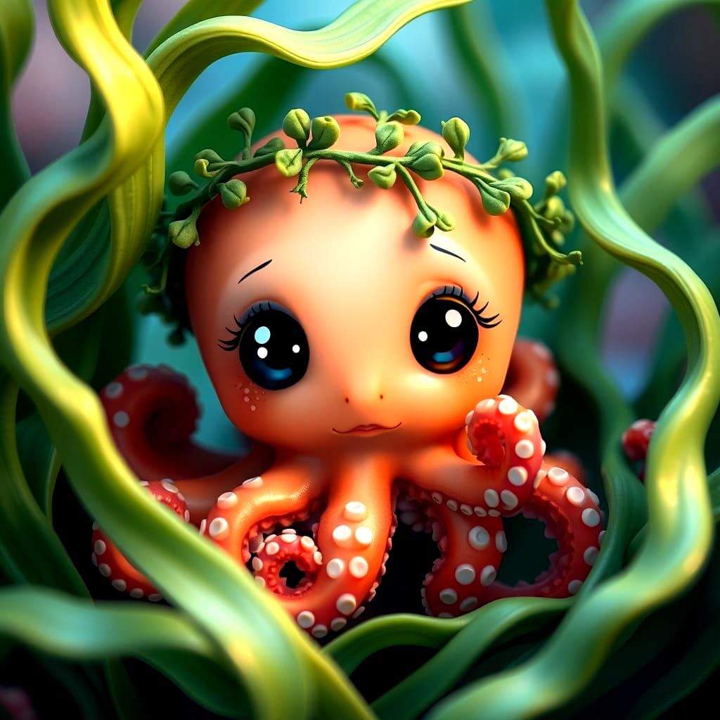 Adorable Octopus Hiding in Seaweed: CGI Art