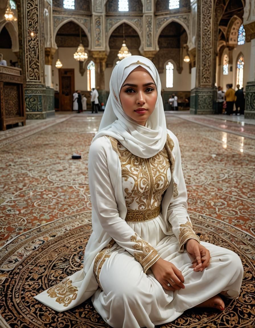 Young Woman Praying in Ornate Mosque, UHD Photo