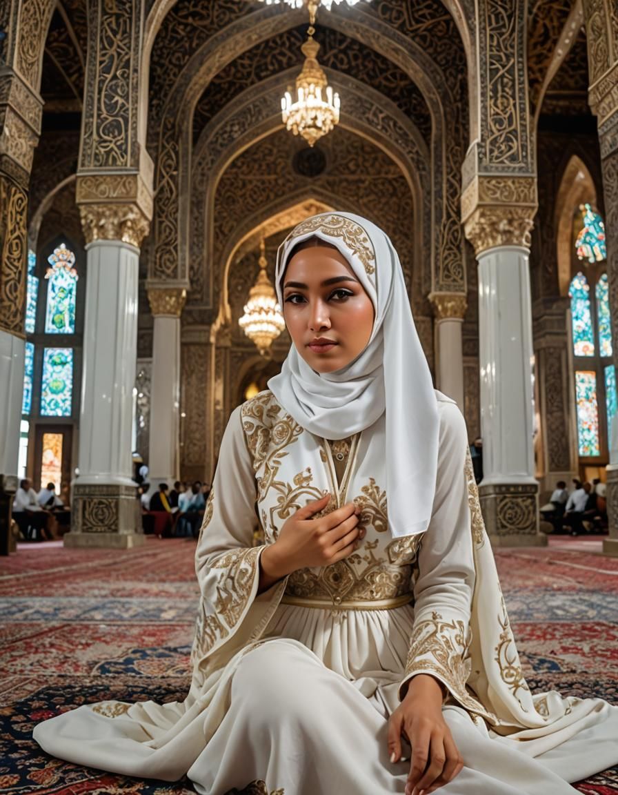 Young Woman Praying in Ornate Mosque: 16K HDR