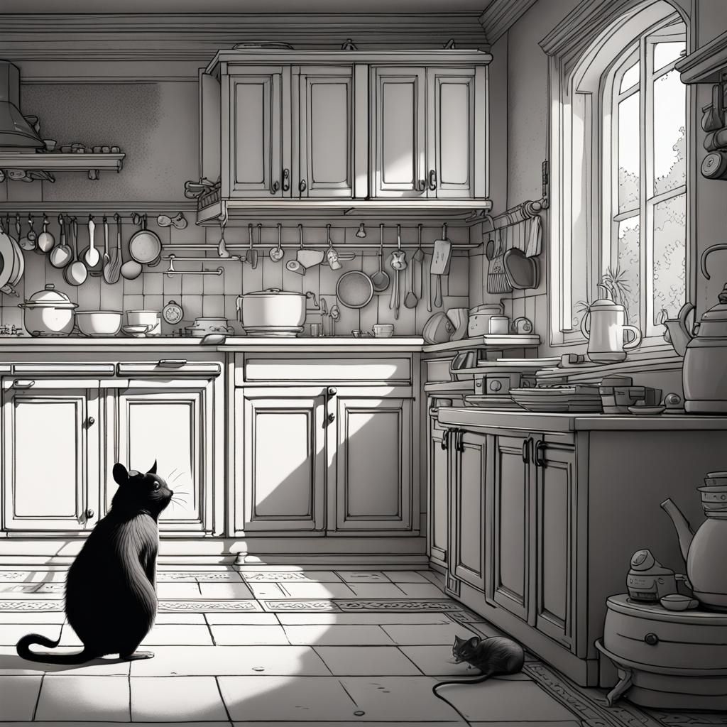 Anxious Mouse and Cat in Kitchen Scene
