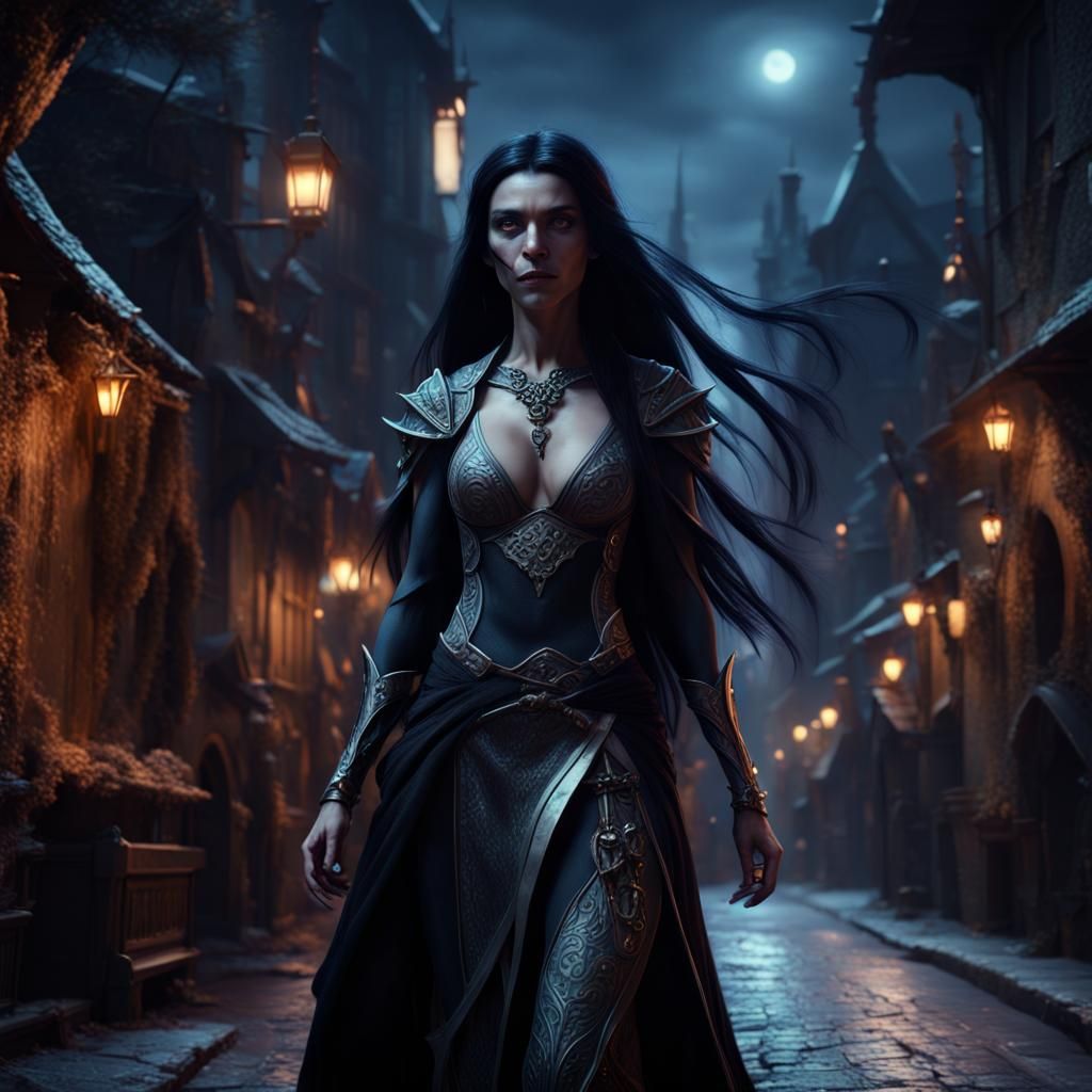 Dark Elf Wizard Walking City Street at Night