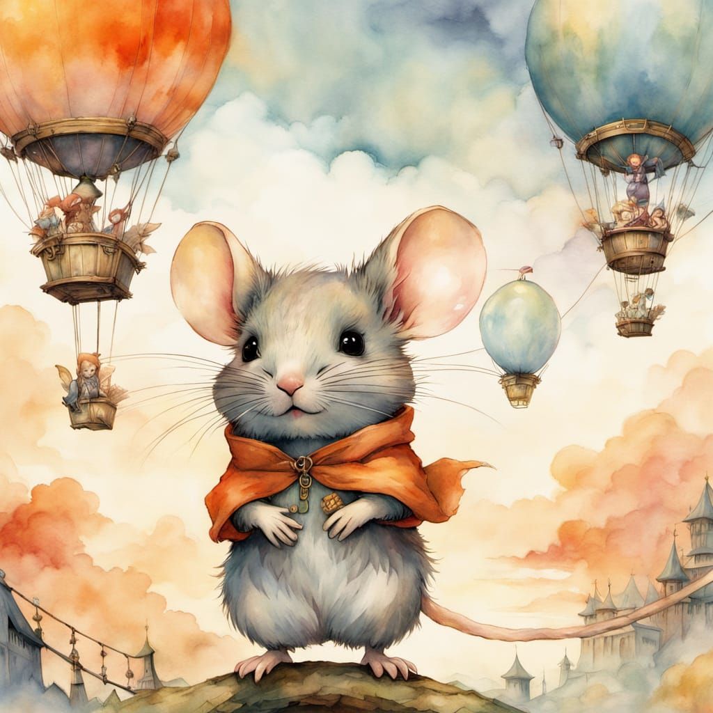 Whimsical Mouse Soars Above Vibrant Amusement Park at Sunset