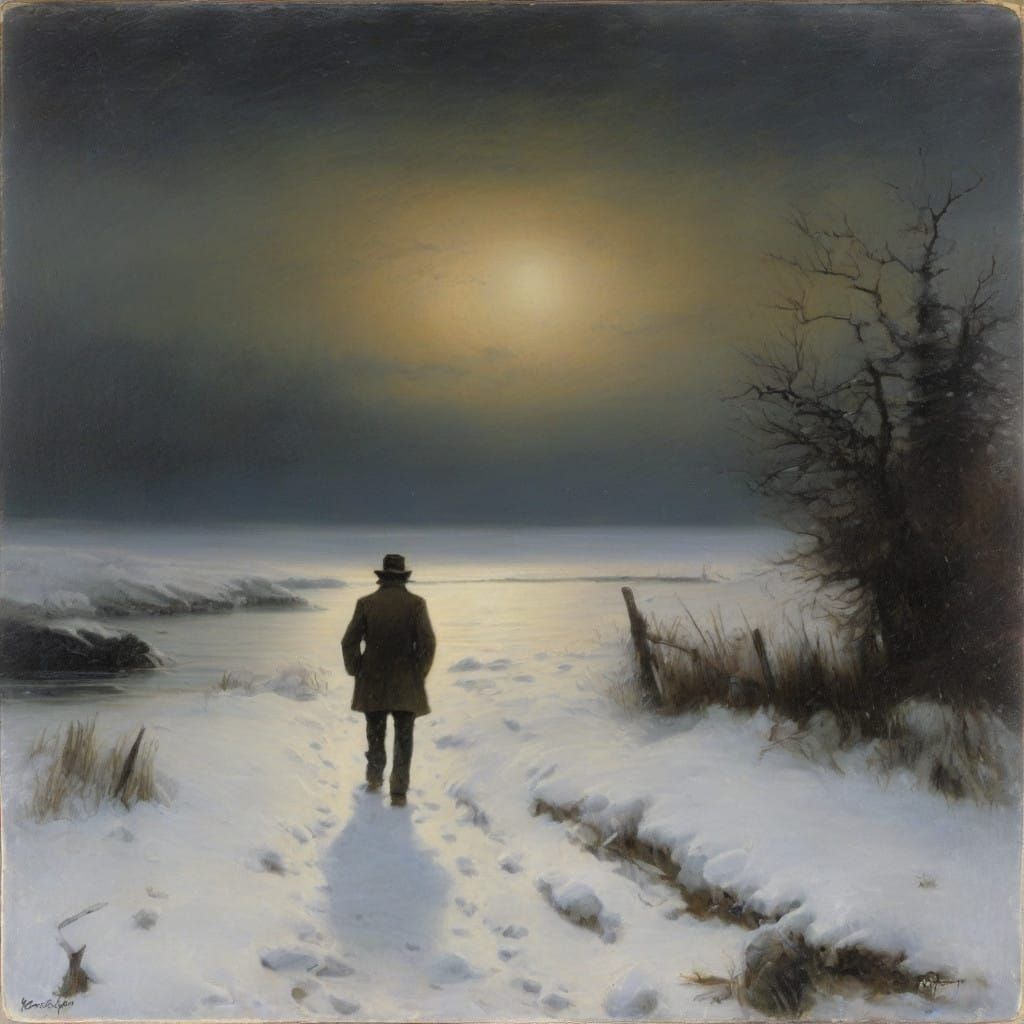 Ethereal Wanderer on Moonlit Winter Shore