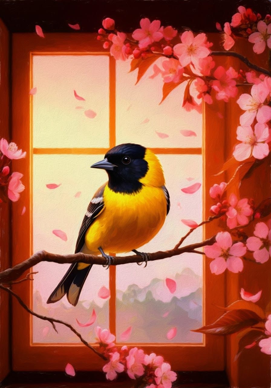 Serene Nature Scene with Bird and Cherry Blossoms in Japanes...