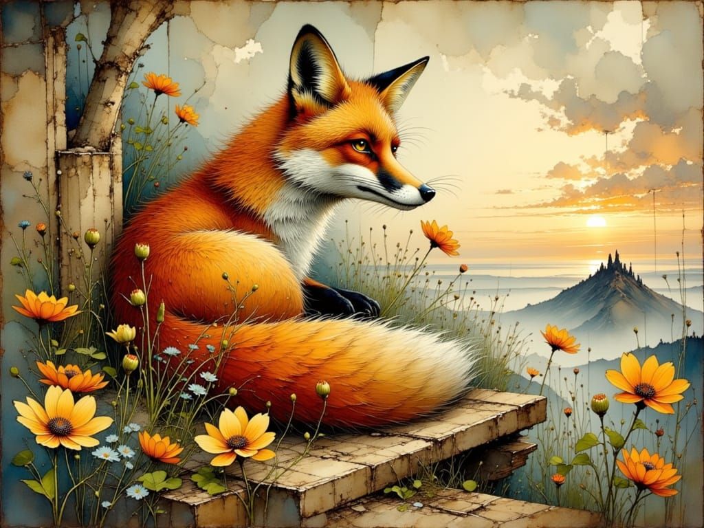 Relaxed Fox in Ink Wash Style