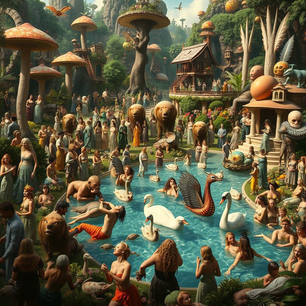 Lush Garden of Earthly Delights in Hyperrealism