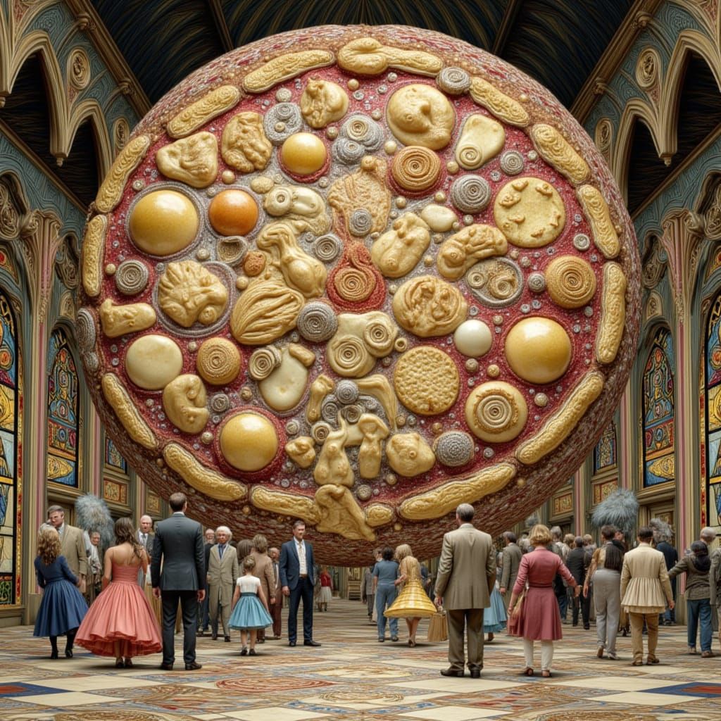 Surreal Banquet Hall with Giant Pie in Comic Book Style