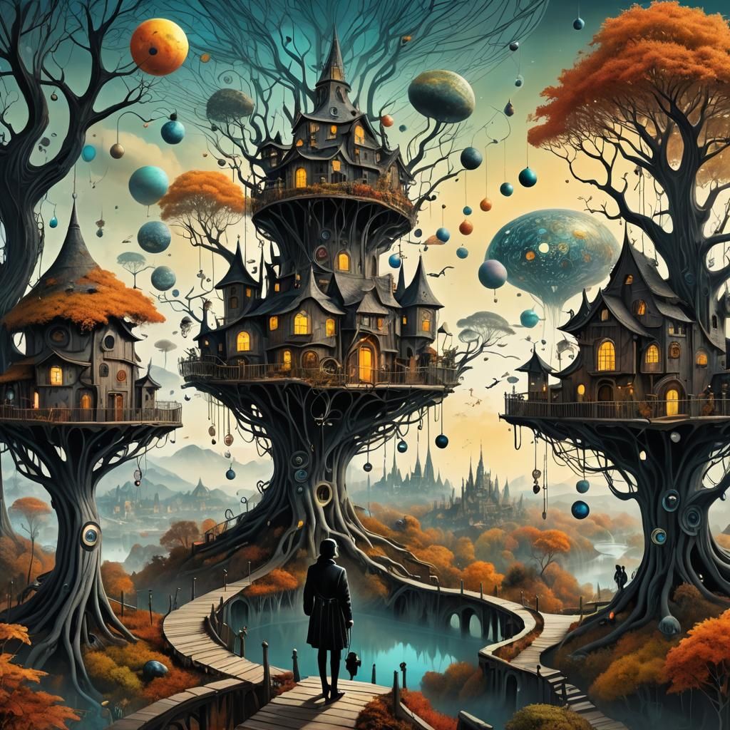 Surreal Autumn City on Forest Planet with Fairy