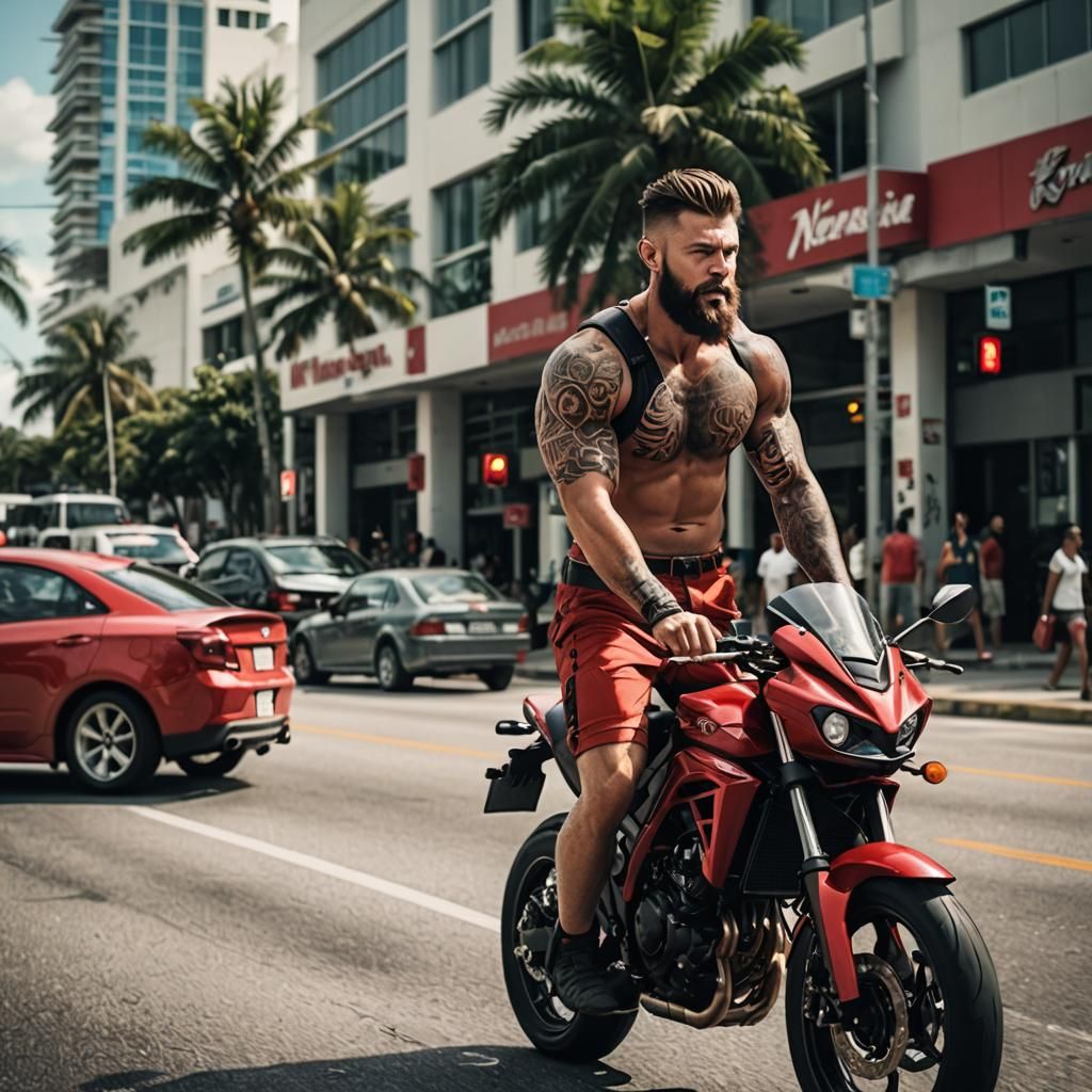 Shirtless Man on Red Motorcycle Speeds Through Miami