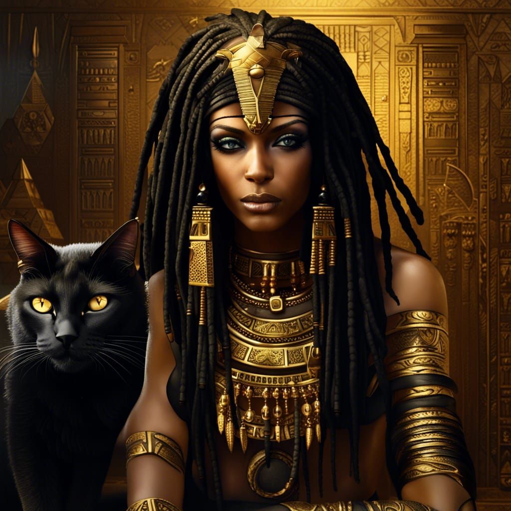 Egyptian Goddess with Black Cat in Matte Painting