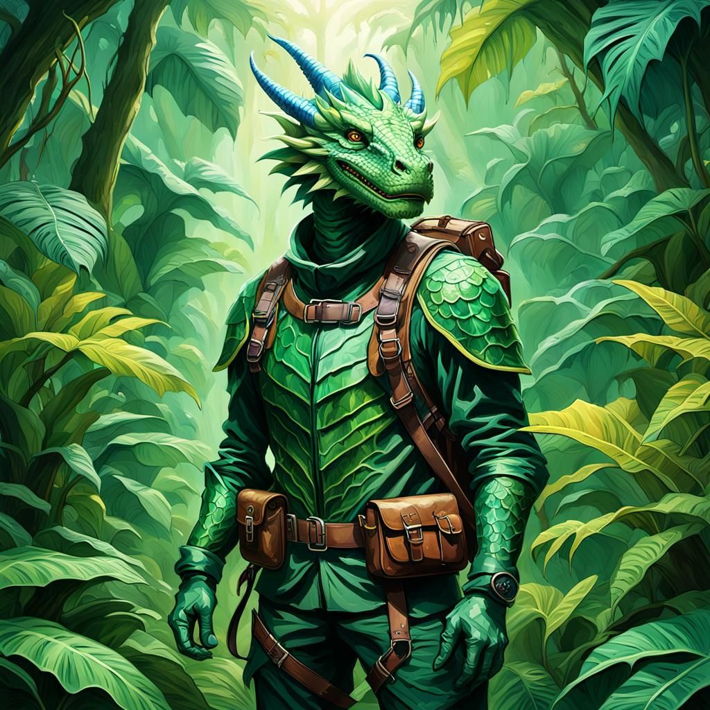 Dragon Explorer in Jungle: Vibrant Oil Painting