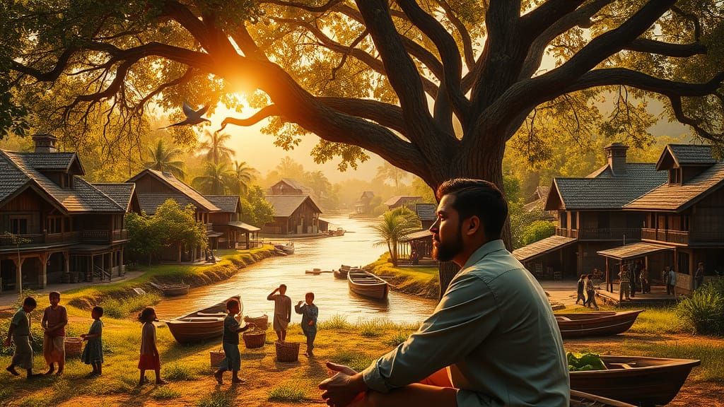 Serene Village Bathed in Warm Golden Light