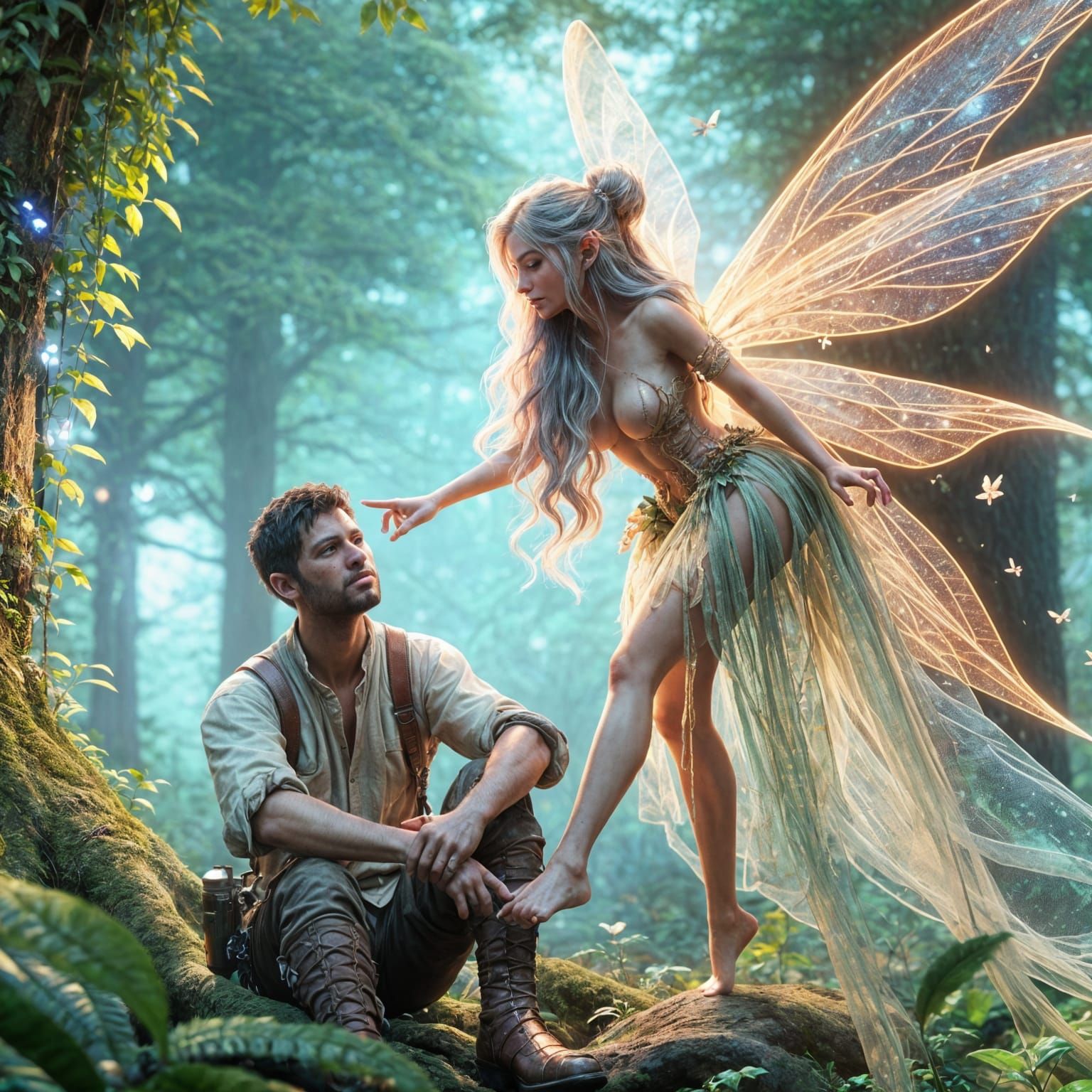 Fairy Agitates Man in Verdant Forest: Matte Painting