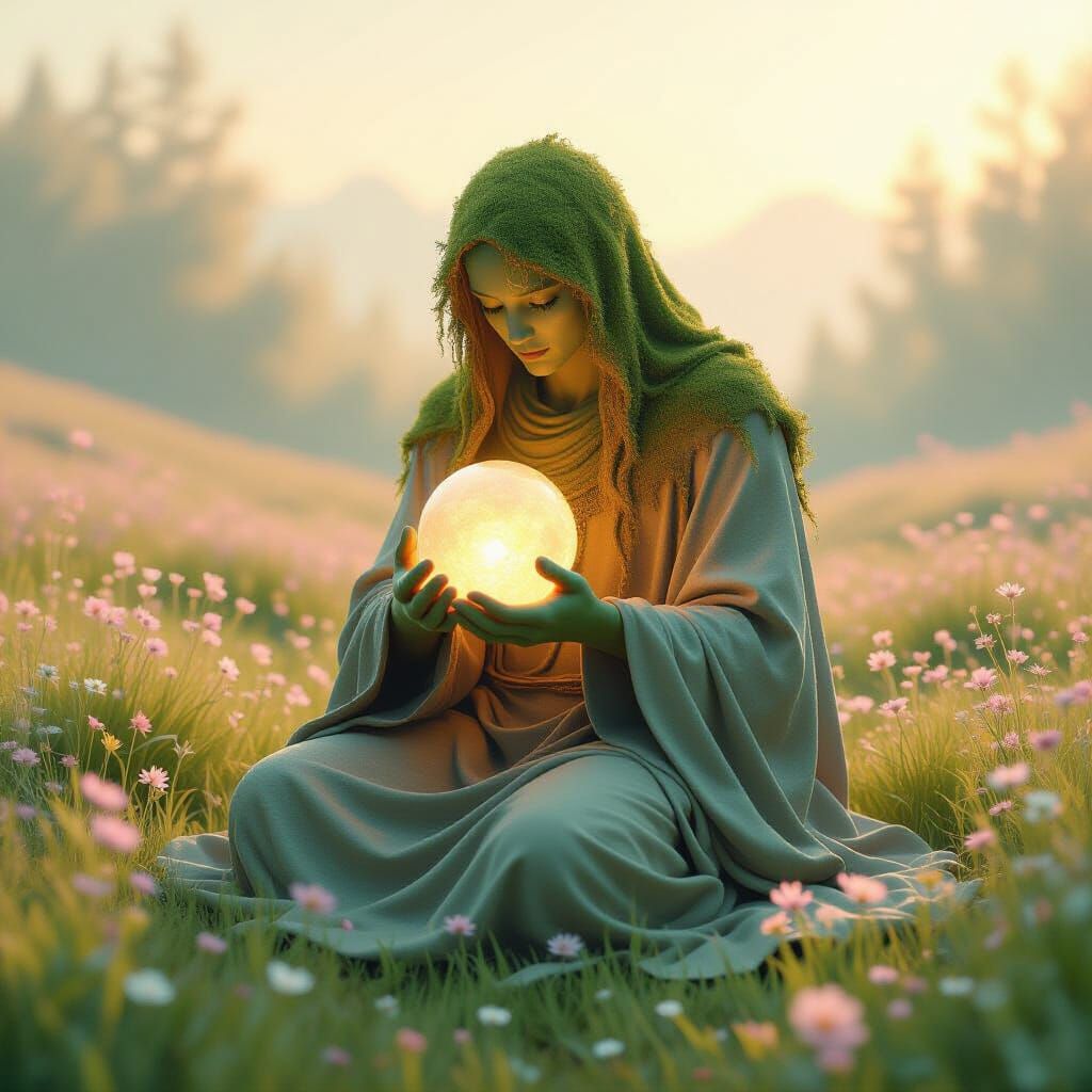 Moss Figure in Pastel Meadow with Glowing Orb