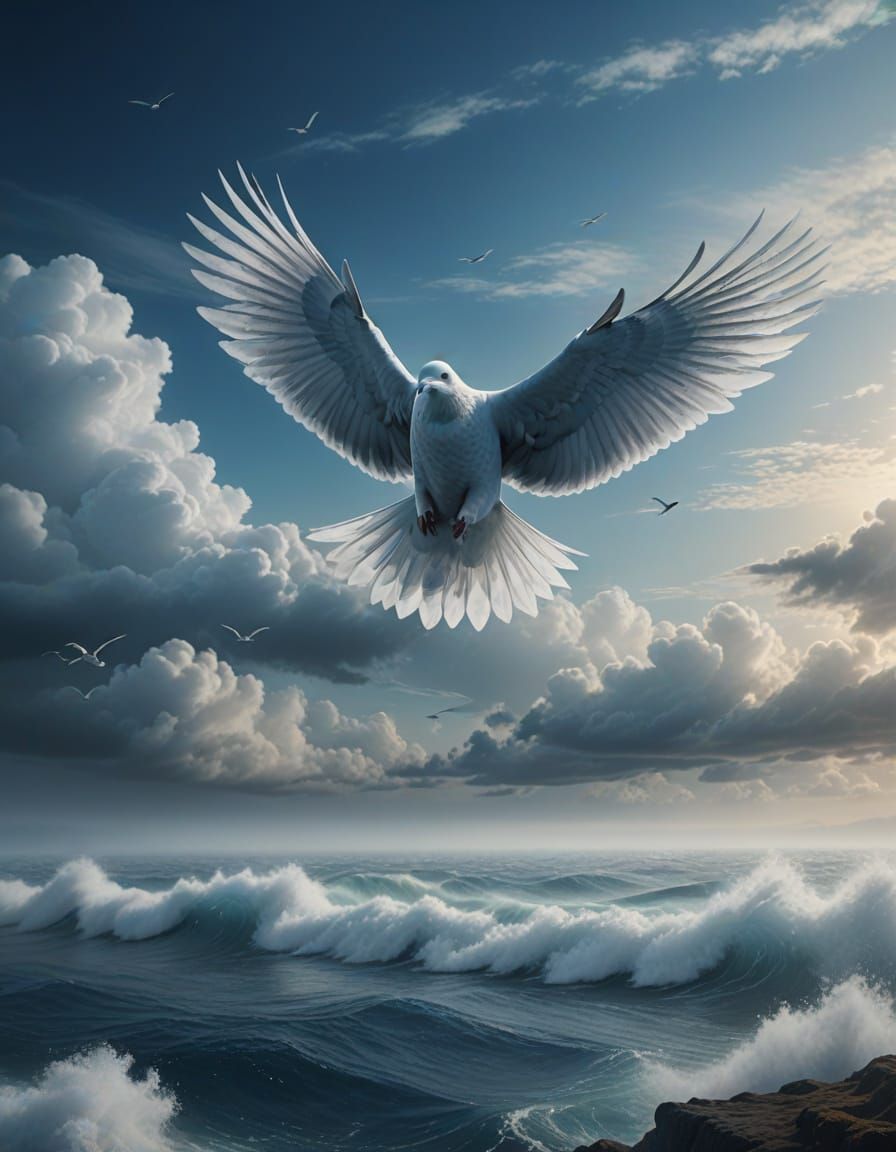 Epic White Dove soars over a Brilliant Blue Sea