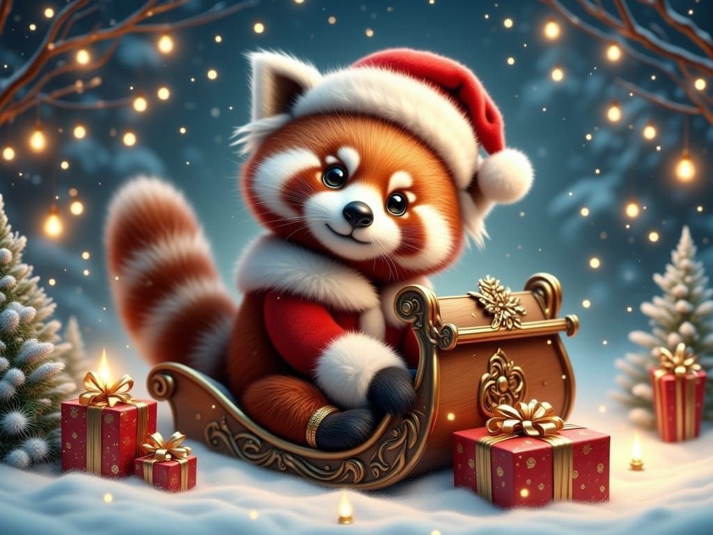 Festive Red Panda in Santa Suit on Sleigh