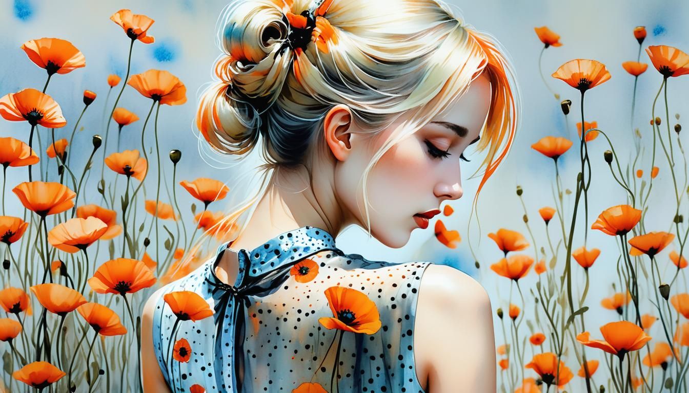 Elegant Watercolor Portrait of Woman with Poppies