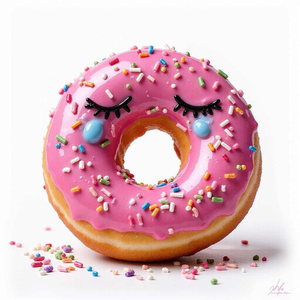water color of iced raised donut with sprinkles crying it's eyes out, big tears 3