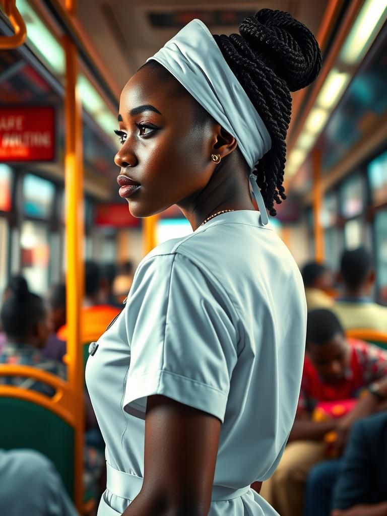 African Nurse Portrait in Public Bus, as Digital Art