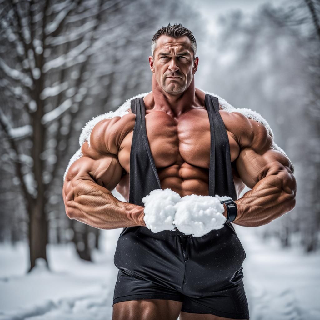 Muscular Bodybuilder Flexing Biceps While Shoveling Snow
