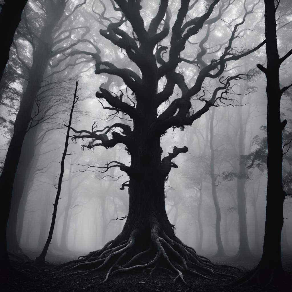 Surreal Forest Landscape in Film Noir Style