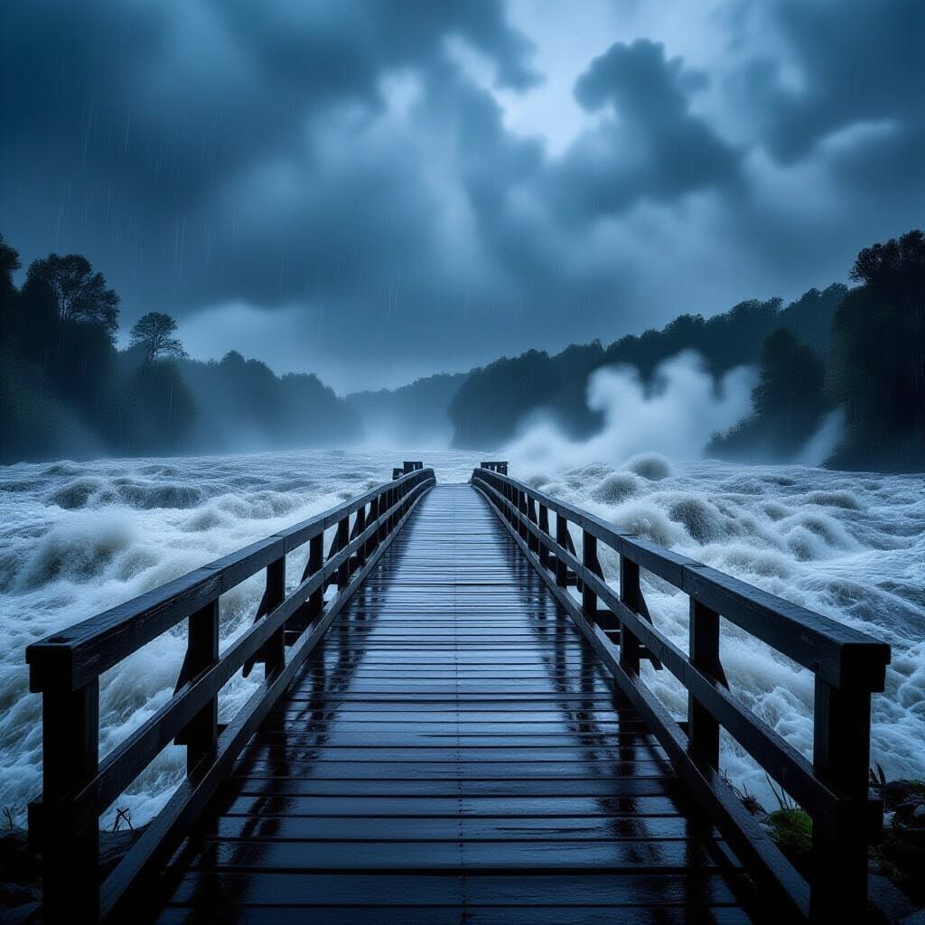 Old Wooden Bridge Over Raging Floodwaters in Storm