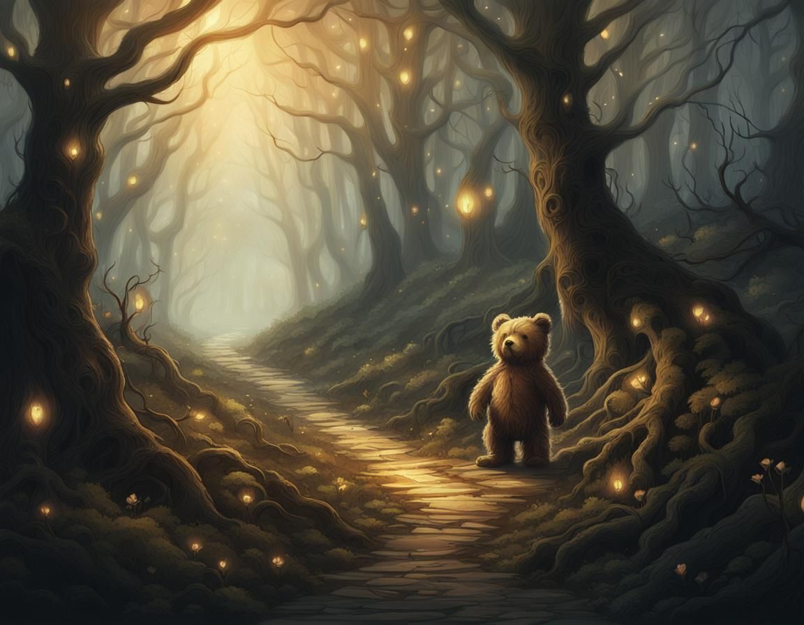 Teddy Bear's Mystical Woodland Adventure in Fantasy Art Styl...