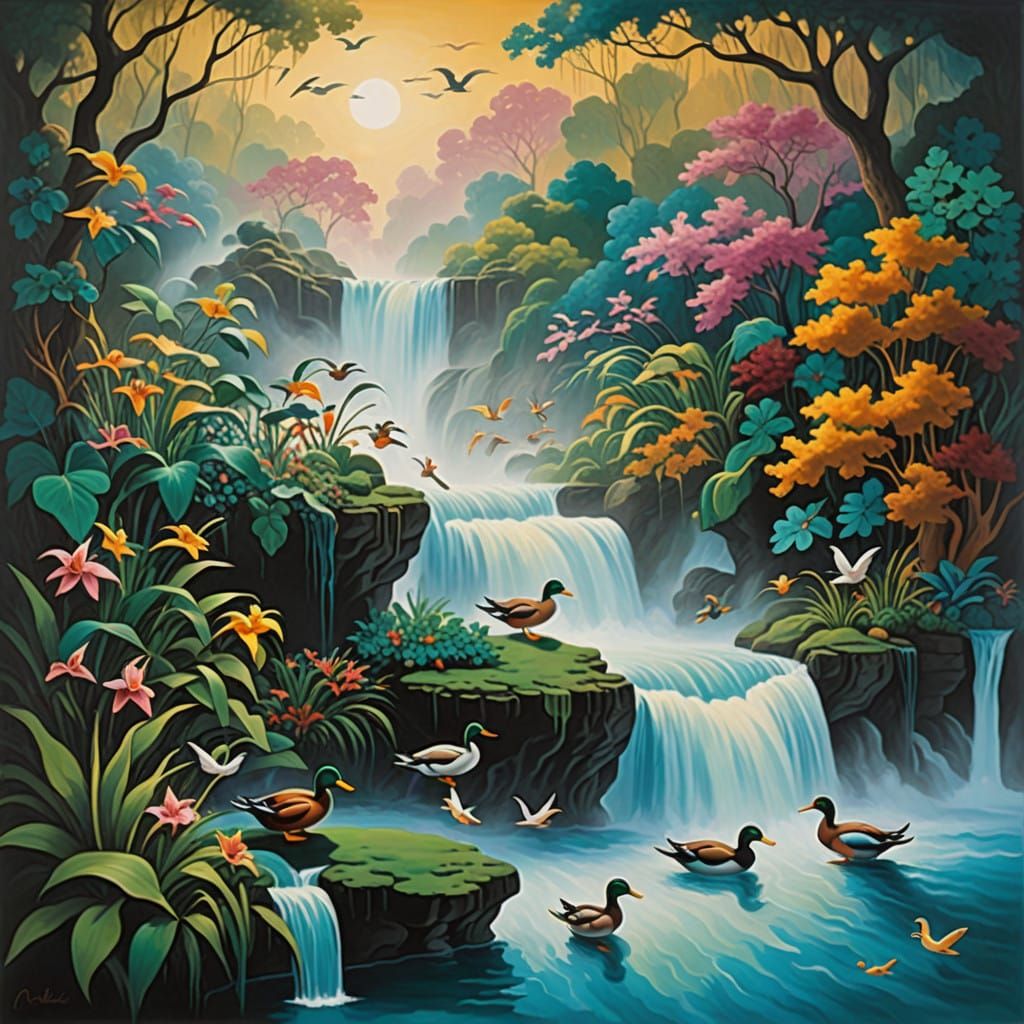 Surreal Waterfall Scene with Ducks