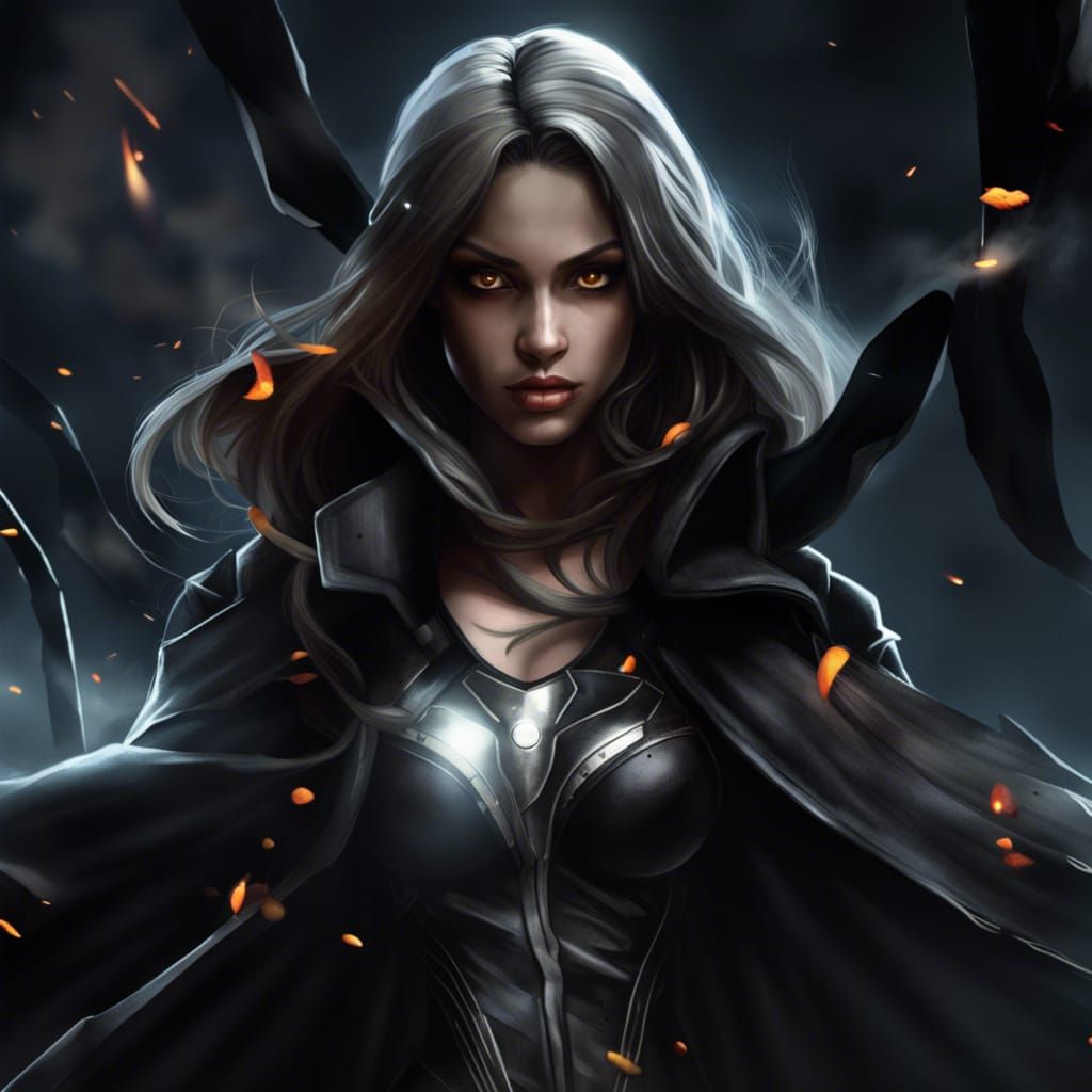 Superheroine in a Chaotic, Burning Cityscape