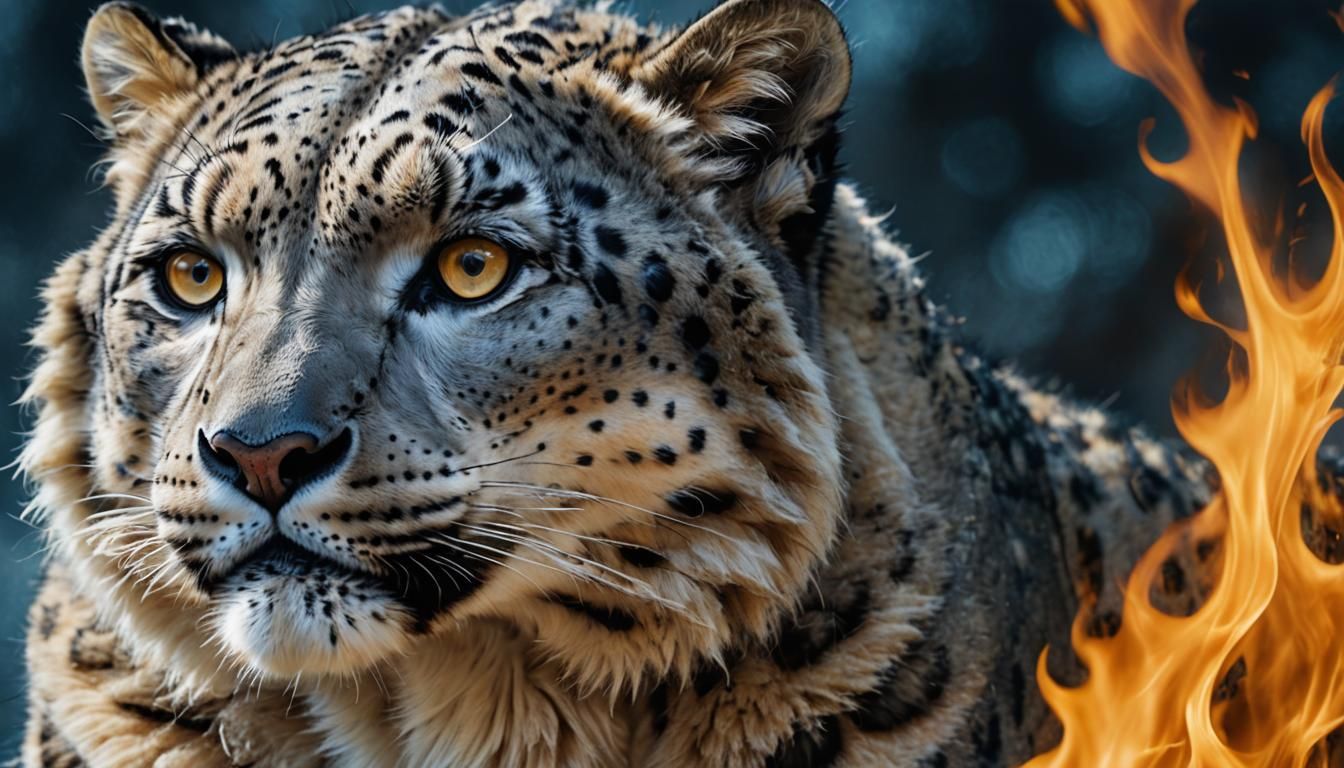 Fluffy Snow Leopard with Golden Eyes in Flames