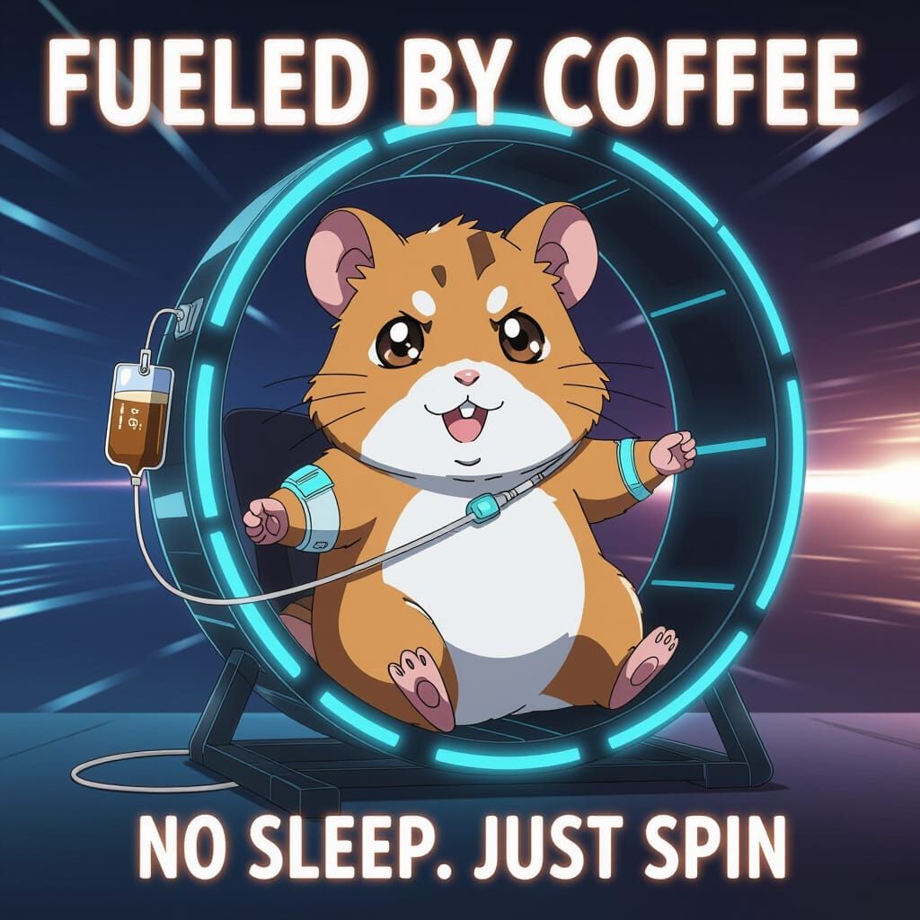 Anime Hamster Fueled by Coffee on Futuristic Wheel