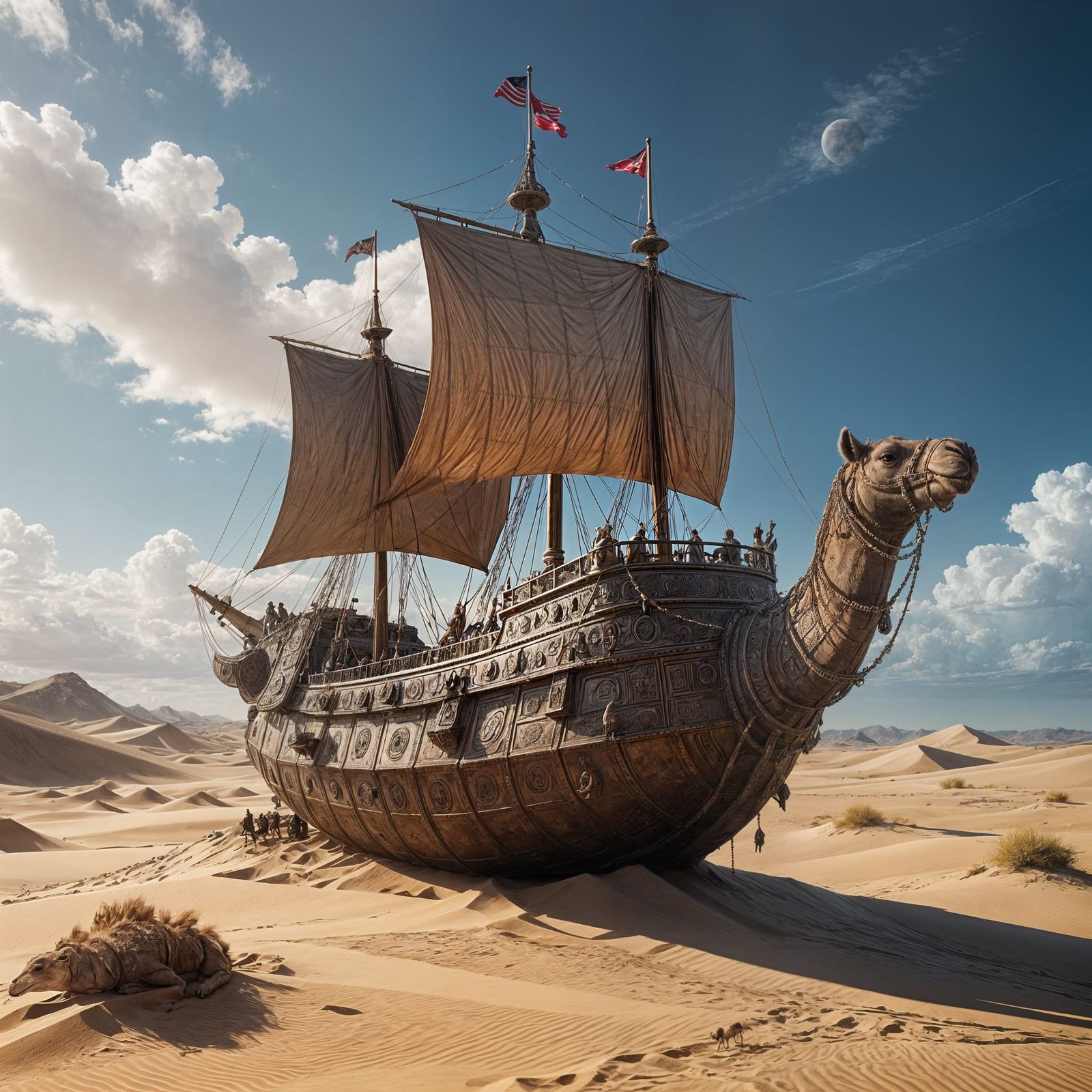 Miniature Camel Ship Roams the Desert in Hyperrealistic Deta...