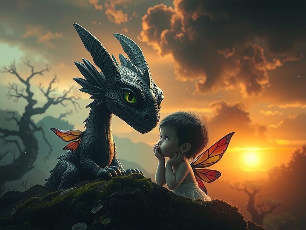 Ancient Forest Guardian & Angel in Enchanted Sunset Light