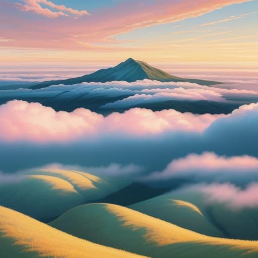 Serene Oil Painting Landscape with Warm Cloudy Skies