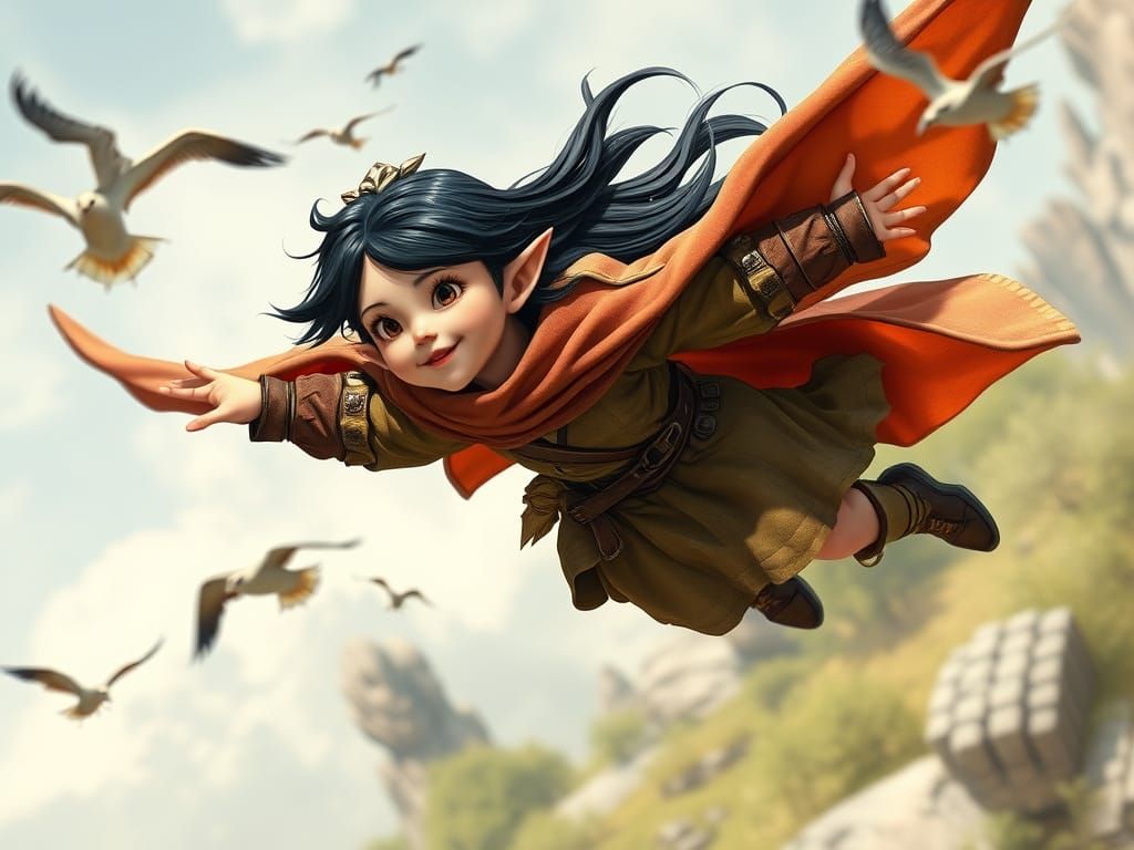 Elf Warrior Soaring Through Sunny Sky